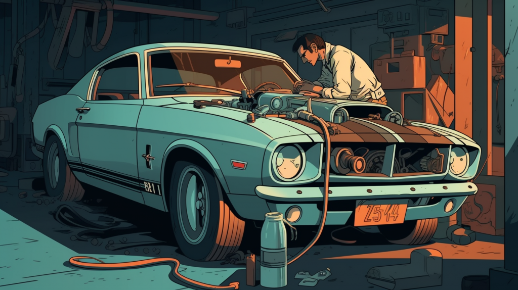 Mechanic working on a muscle car with a supercharger